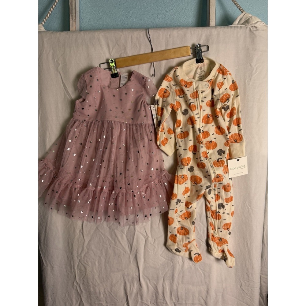 Baby Girls TwoPiece Bundle Pink Dress Carters Organic Pumpkin Sleeper Size 9 Mo